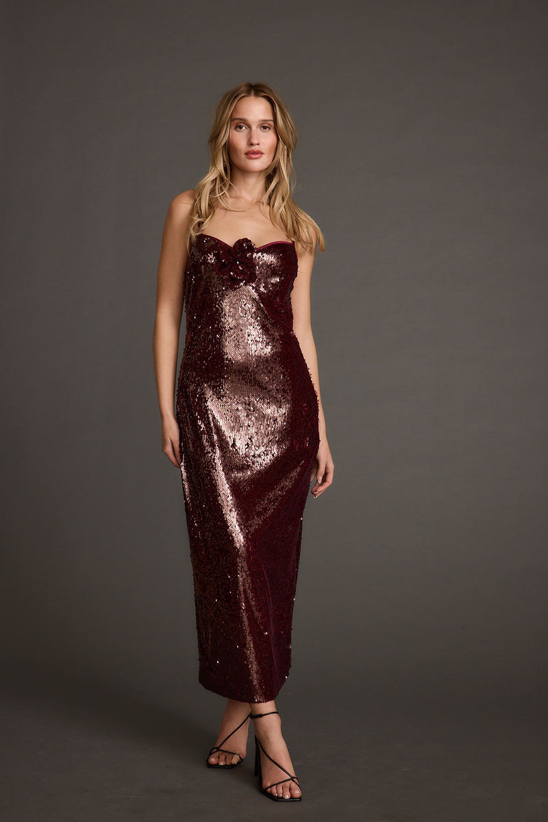 All For You Merlot Sequin Rosette Midi Dress paired with complementary accessories for a polished look.