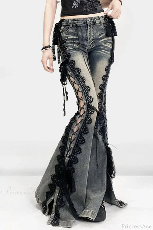 American Retro Lace Strap Slit Bell-bottom Jeans Blue / S