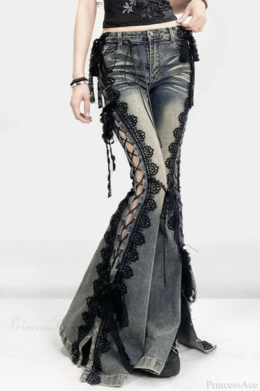 American Retro Lace Strap Slit Bell-bottom Jeans Blue / S