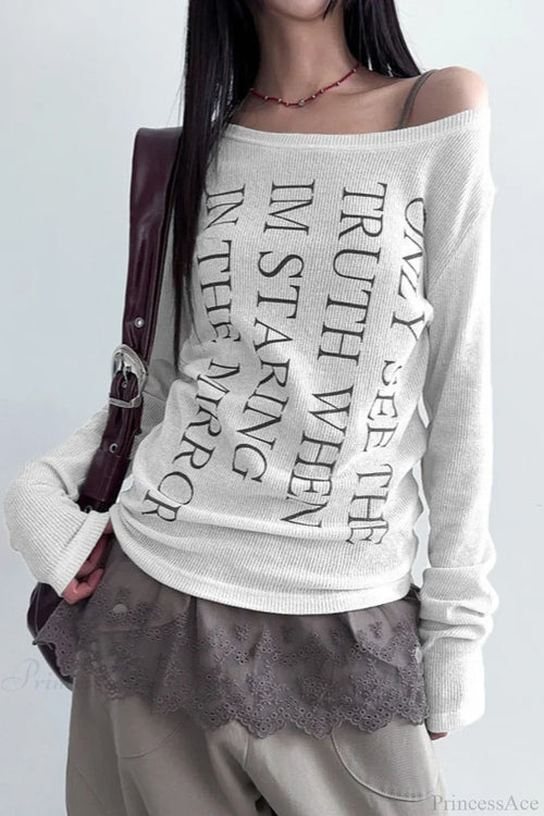 American Retro Oblique Collar Letter Print Long Sleeve Tee Off-White / XS