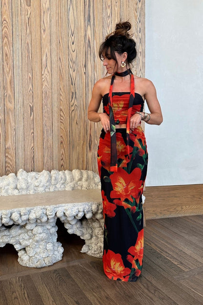 Amour Floral Strapless Scarf Top styled in a complete look from an alternate angle.