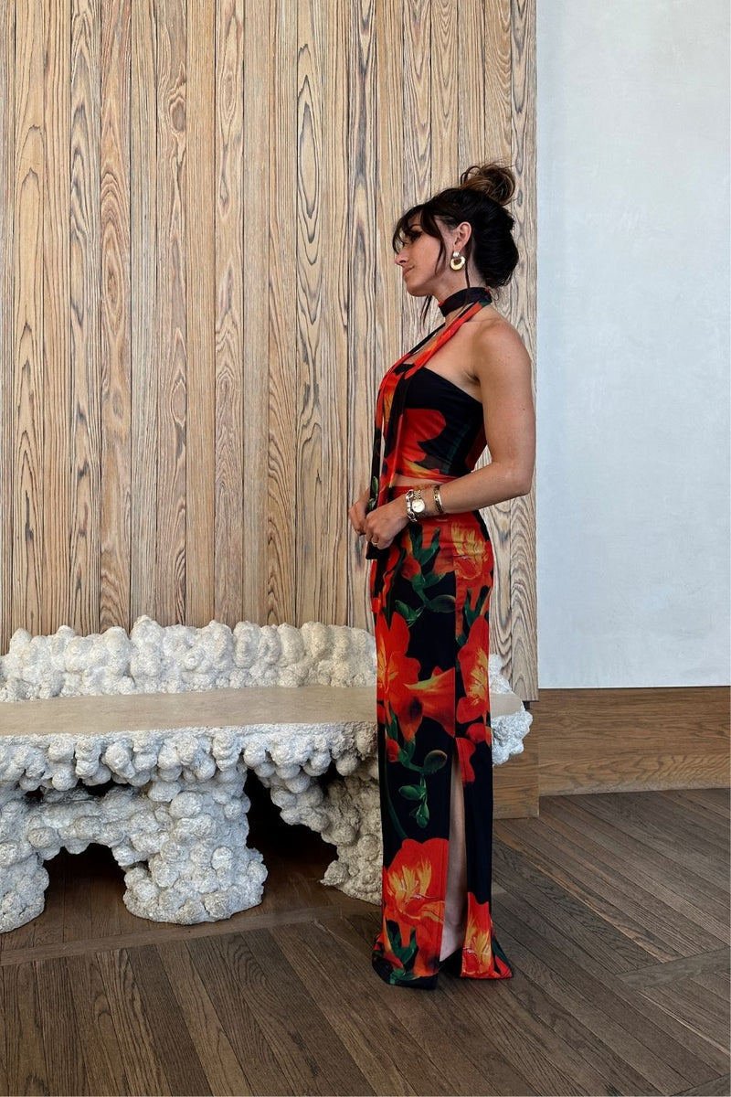 Amour Floral Strapless Scarf Top paired with complementary accessories for a polished look.