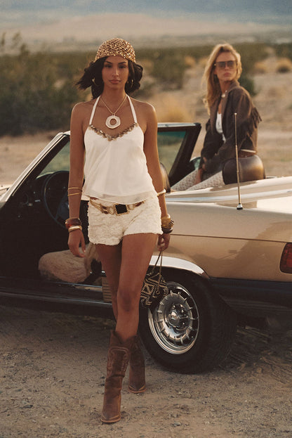 Annabel Ivory Sequin Halter Top styled in a complete look from an alternate angle.