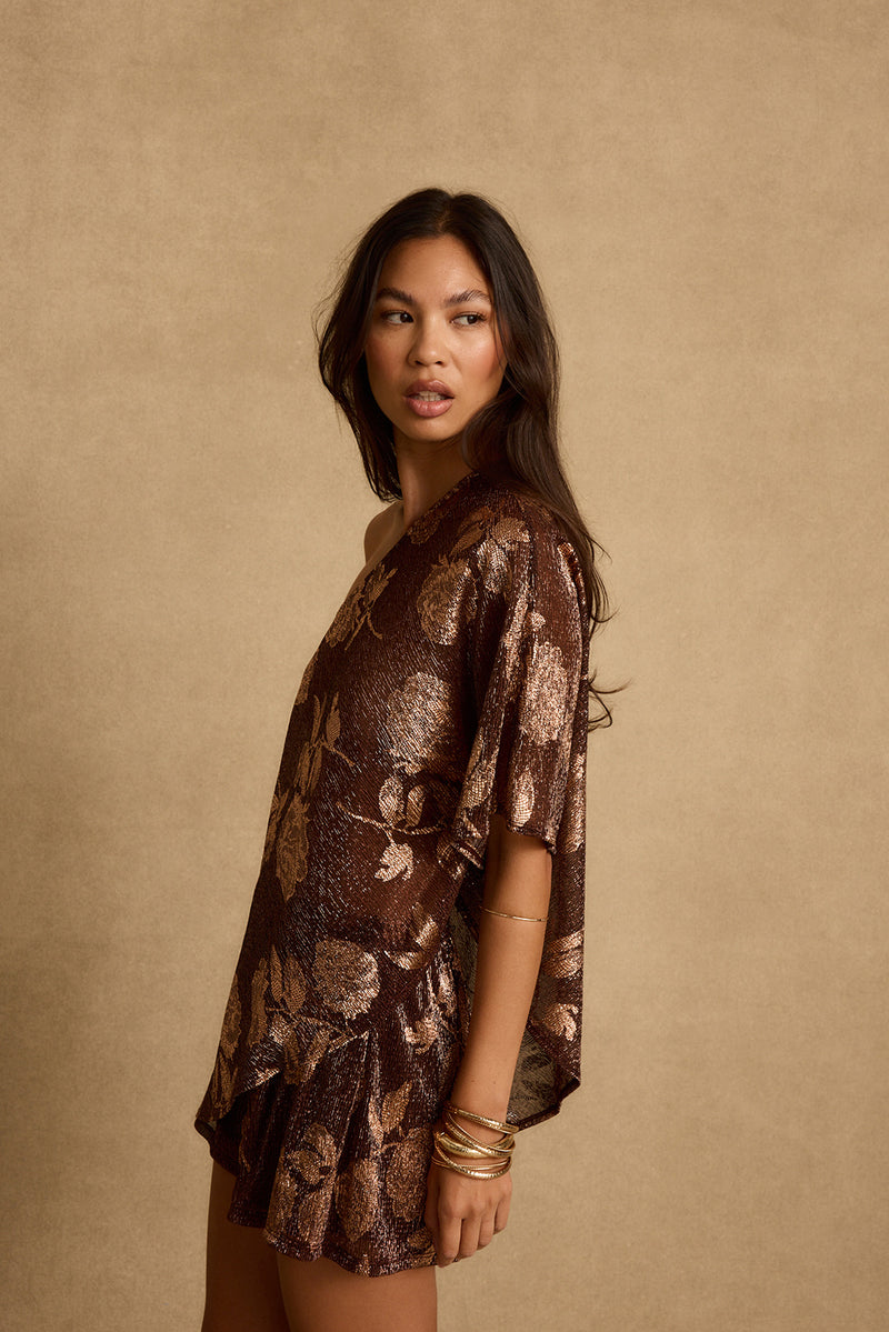 Anya Mocha Floral One Shoulder Top