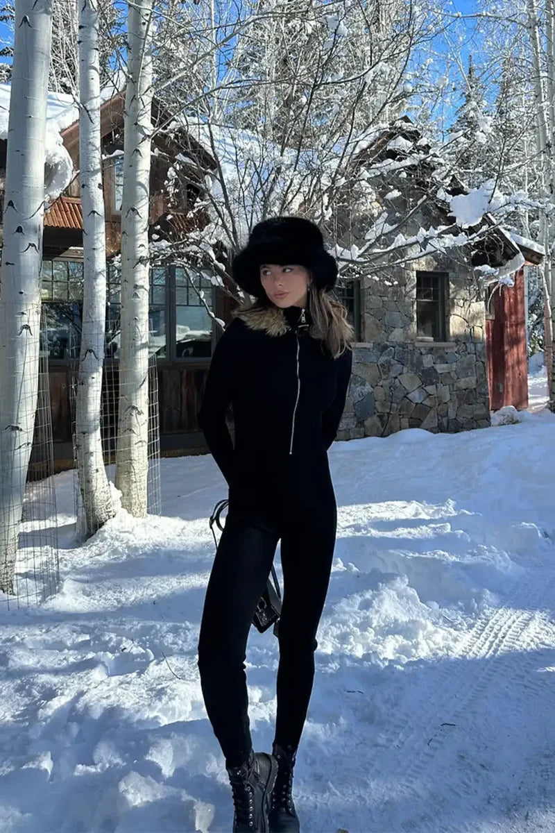 Apres Faux Fur Trimmed Black Ribbed Knit Jumpsuit styled in a complete look from an alternate angle.