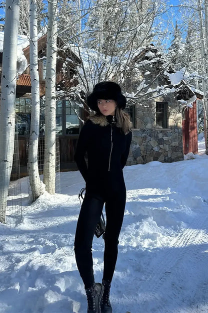 Apres Faux Fur Trimmed Black Ribbed Knit Jumpsuit styled in a complete look from an alternate angle.