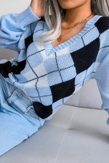 Argyle V Neck Knit Pullover Sweater
