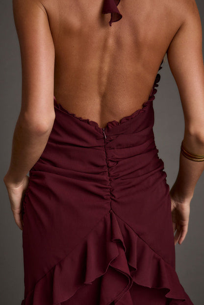 Aria Merlot Halter Maxi Dress styled in a complete look from an alternate angle.