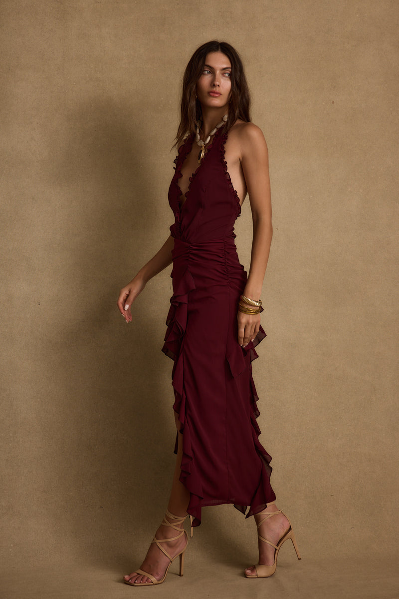 Aria Merlot Halter Maxi Dress paired with complementary accessories for a polished look.