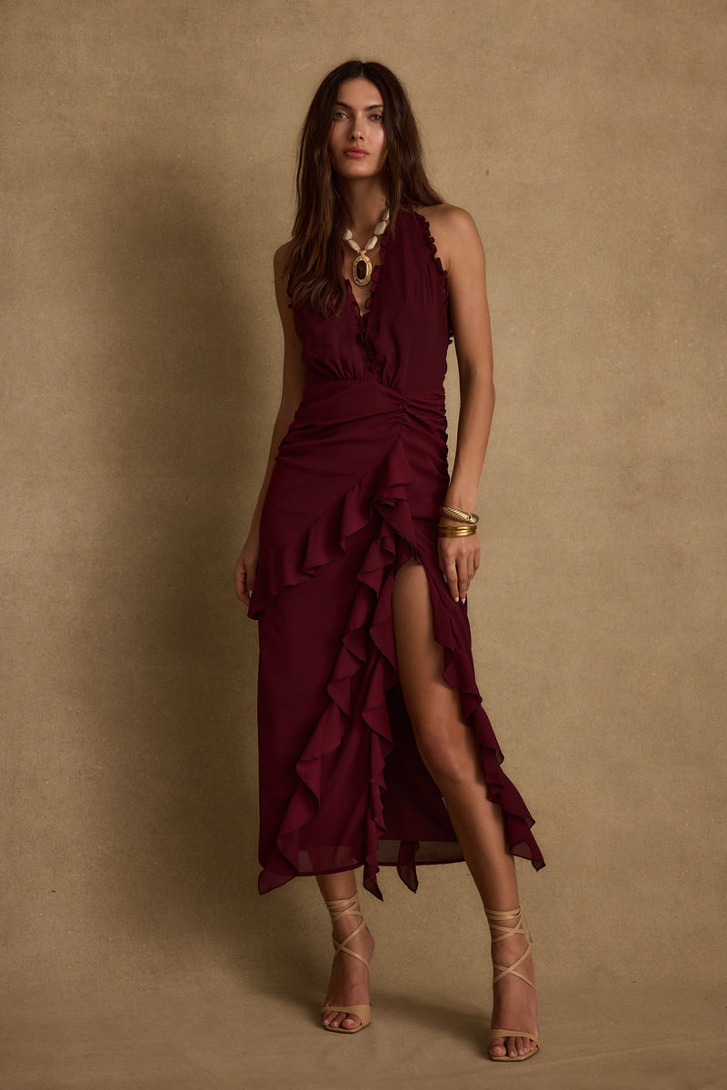 Detail shot of the Aria Merlot Halter Maxi Dress highlighting the halter elements.