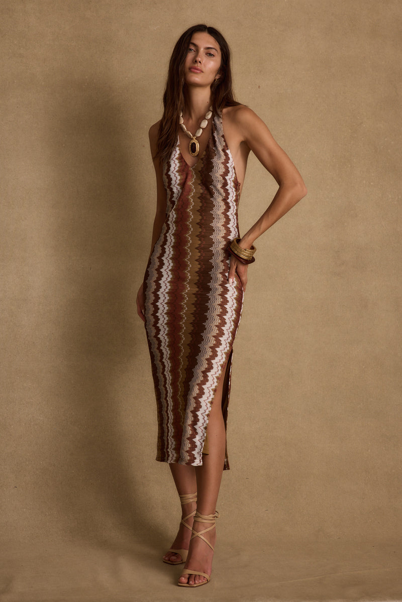 Detail shot of the Arista Chevron Halter Maxi Dress highlighting the halter elements.
