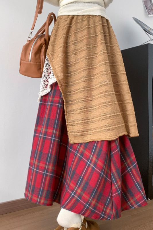 Asymmetric Lace Panel Plaid Skirt