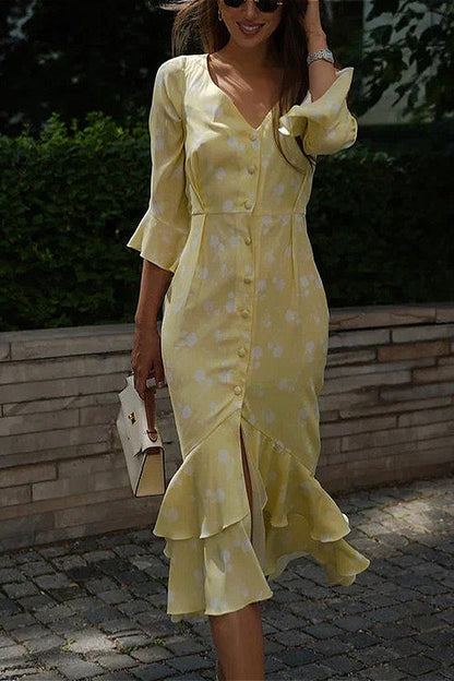 Asymmetric Ruffled Sleeve High Waist Floral Dress
