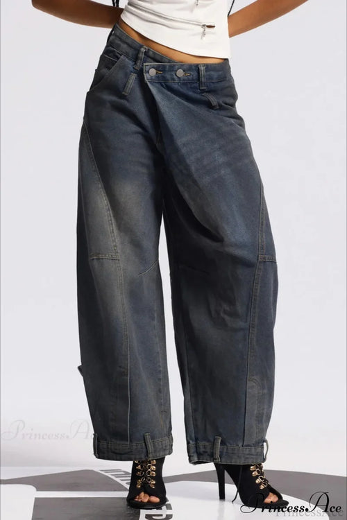 Asymmetric Waist Washed Low Waist Flare Wide Leg Jeans Blue / S