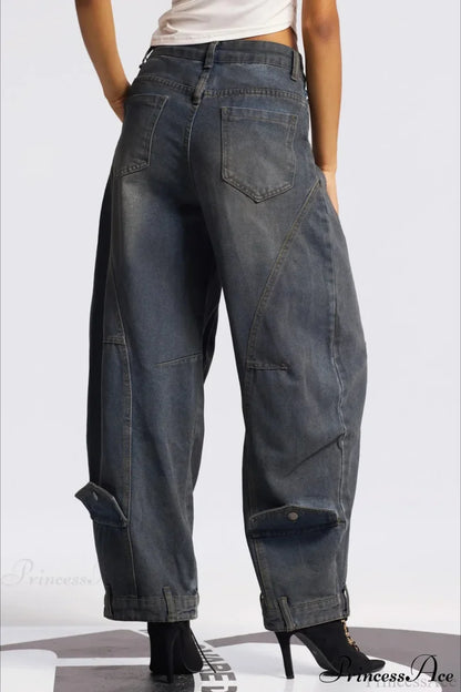 Asymmetric Waist Washed Low Waist Flare Wide Leg Jeans