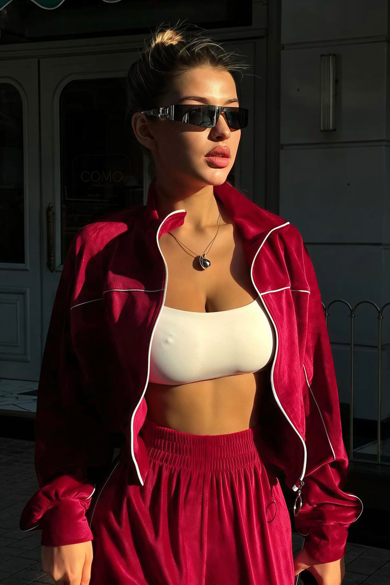 Athletic Velvet Collar Zipper Long Sleeve Two Piece Set