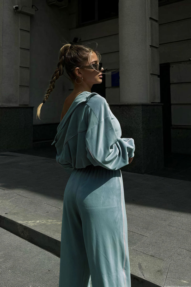 Athletic Velvet Collar Zipper Long Sleeve Two Piece Set