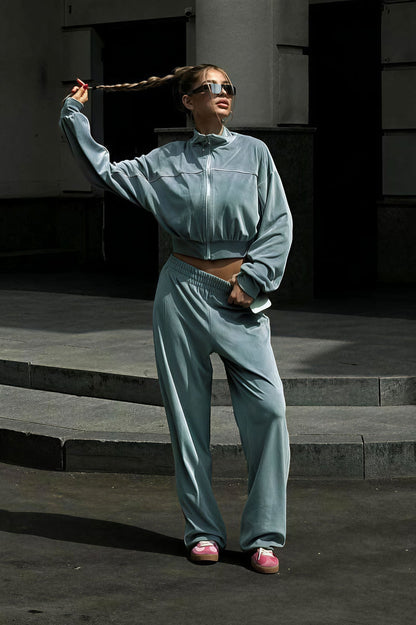 Athletic Velvet Collar Zipper Long Sleeve Two Piece Set