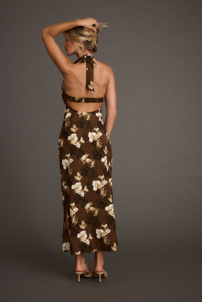 Audrina Brown Floral Halter Maxi Dress paired with complementary accessories for a polished look.