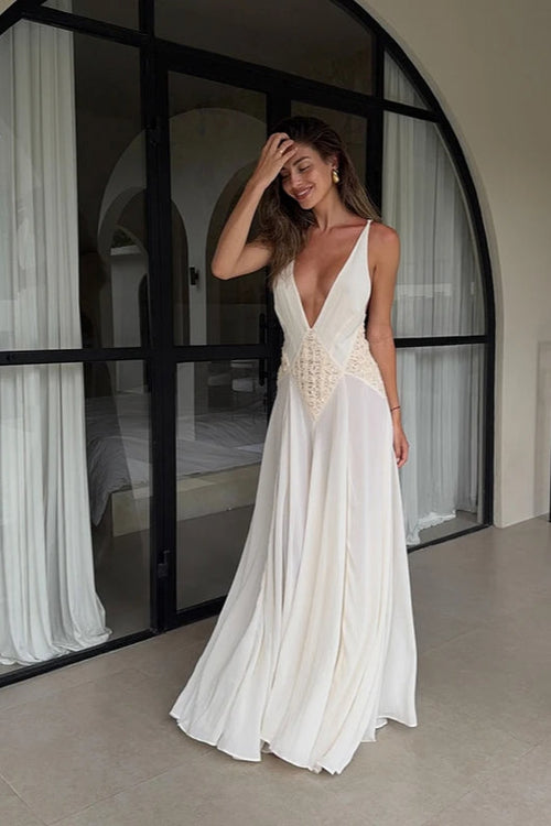 Backless V Neck Boho Dress White / S