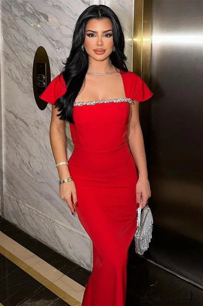 Bandage Rhinestone Square Neck Raglan Sleeve Party Dress Red / XS