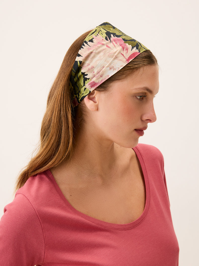 MARCO wide navy Vanity peony floral headband, front view by Rouje