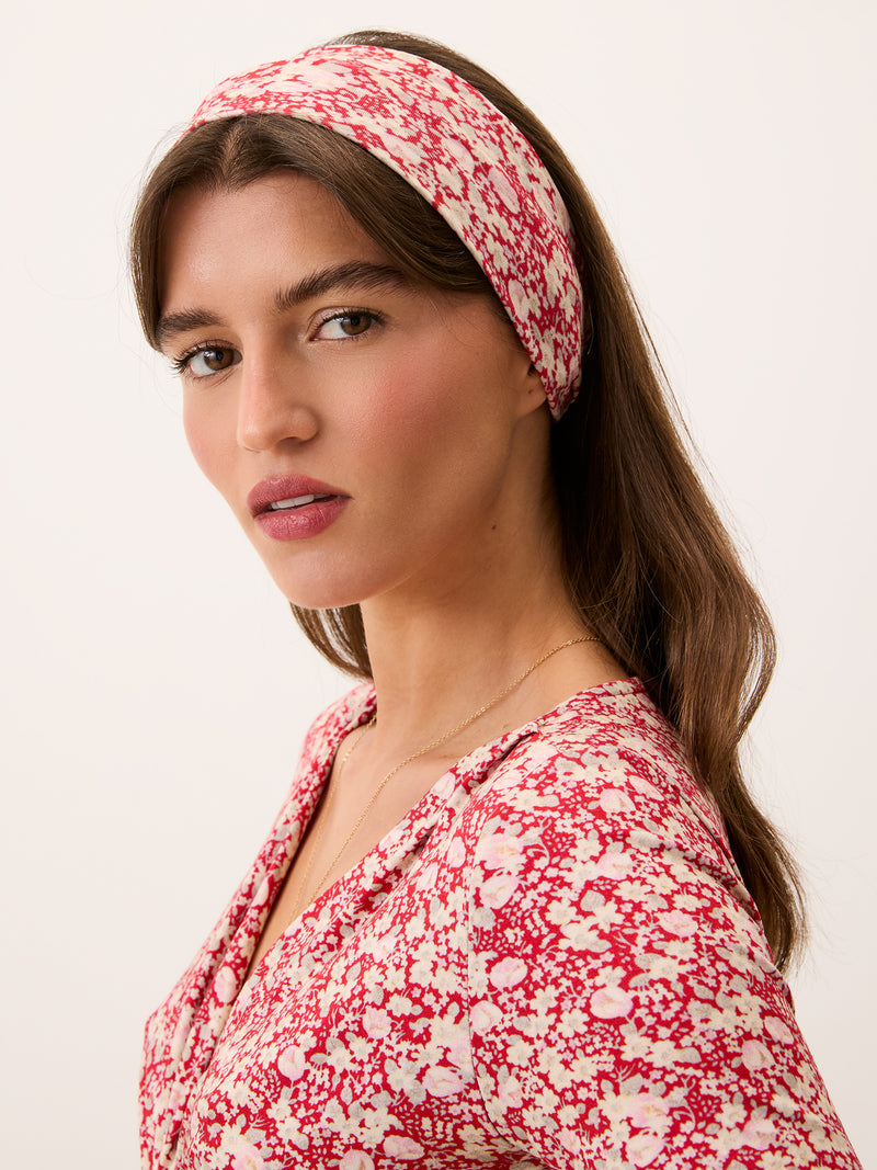 MARCO red Amourette floral print jersey headband, front view by Rouje