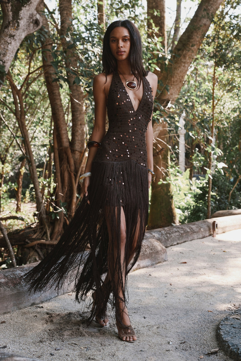 Barefoot Espresso Crochet Sequin Maxi Dress