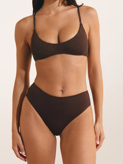 CAMILLA chocolate brown high-waisted lace-up bikini bottoms, front view by Rouje x Etam