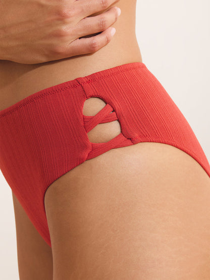 CAMILLA red high-waisted lace-up bikini bottoms, front view by Rouje x Etam