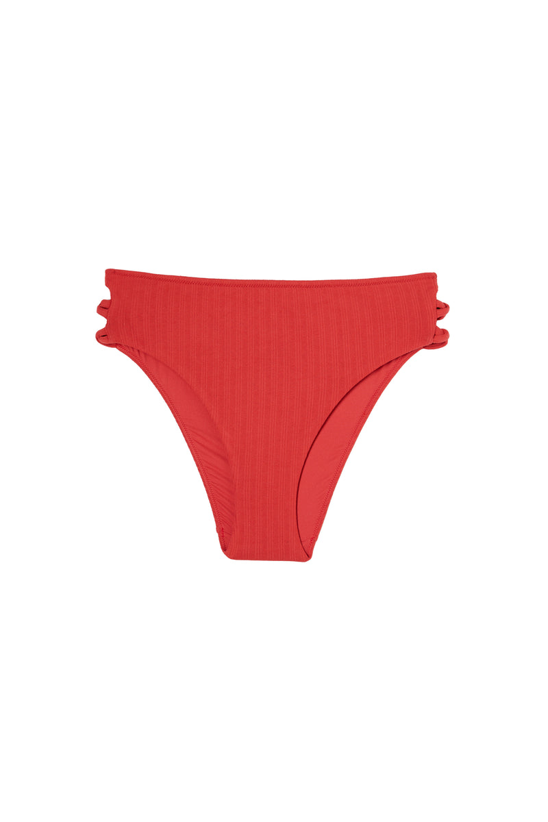CAMILLA red high-waisted lace-up bikini bottoms, flat packshot by Rouje x Etam