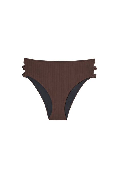 CAMILLA chocolate brown high-waisted lace-up bikini bottoms, flat packshot by Rouje x Etam