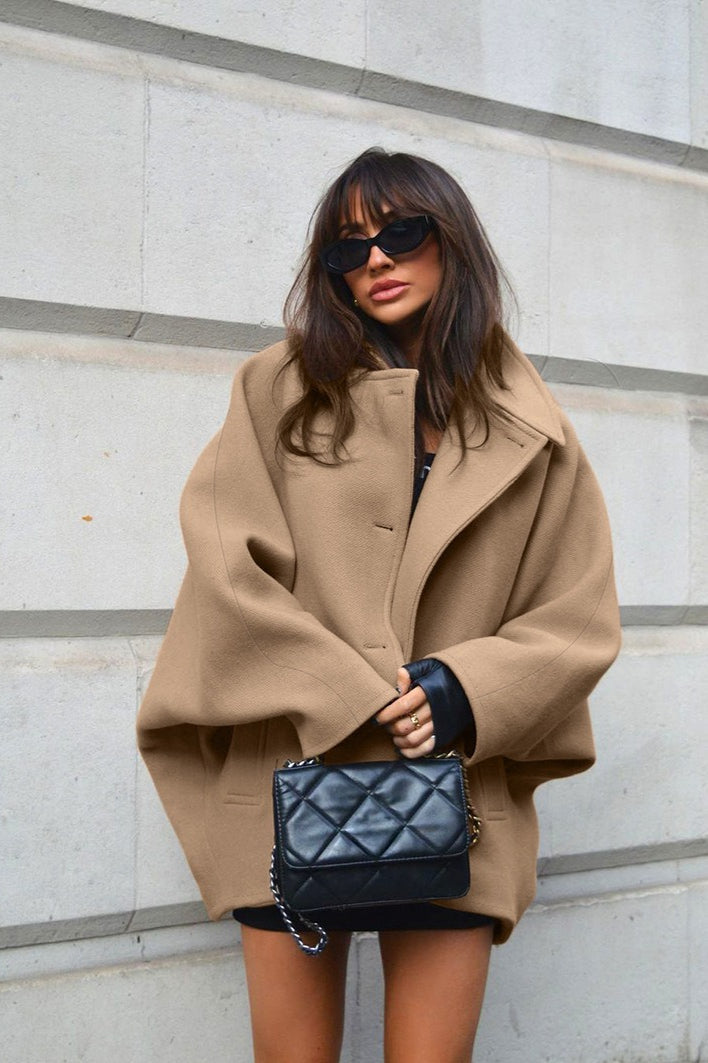 Batwing Sleeve Wool Blend Coat Brown / S coats