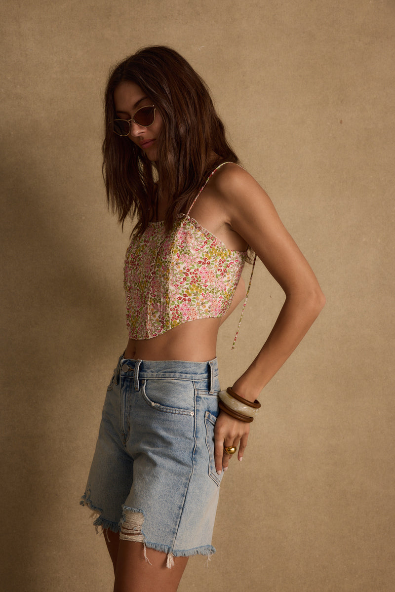 Bay View Floral Corset Top styled in a complete look from an alternate angle.