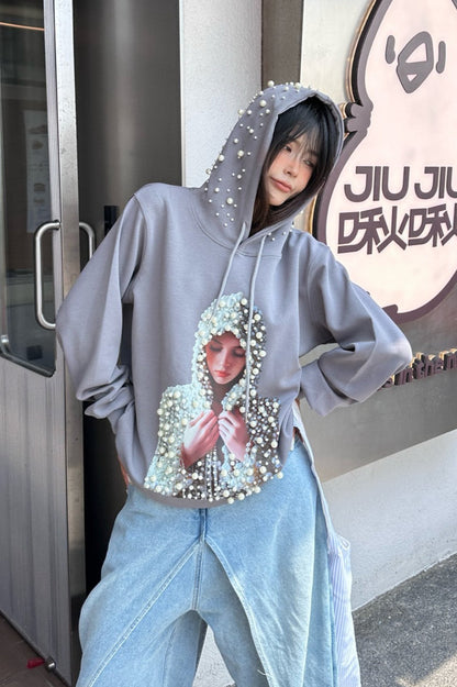 Beaded Graphic Print Edgy Streetwear Hooded Oversized Hoodie