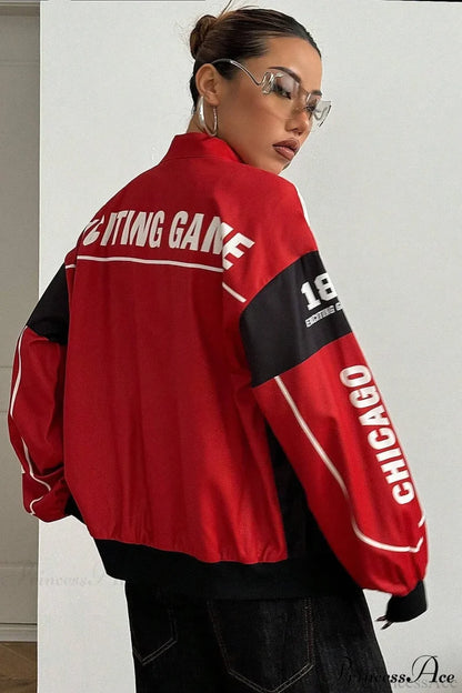 Biker Zip Letter Contrast Long Sleeve Coat