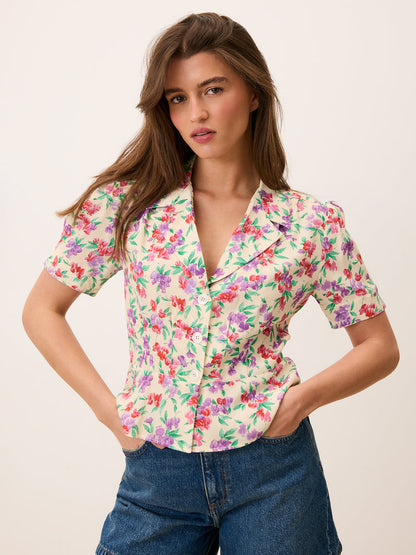 ANAS Glycine ecru floral print peplum shirt, front view by Rouje