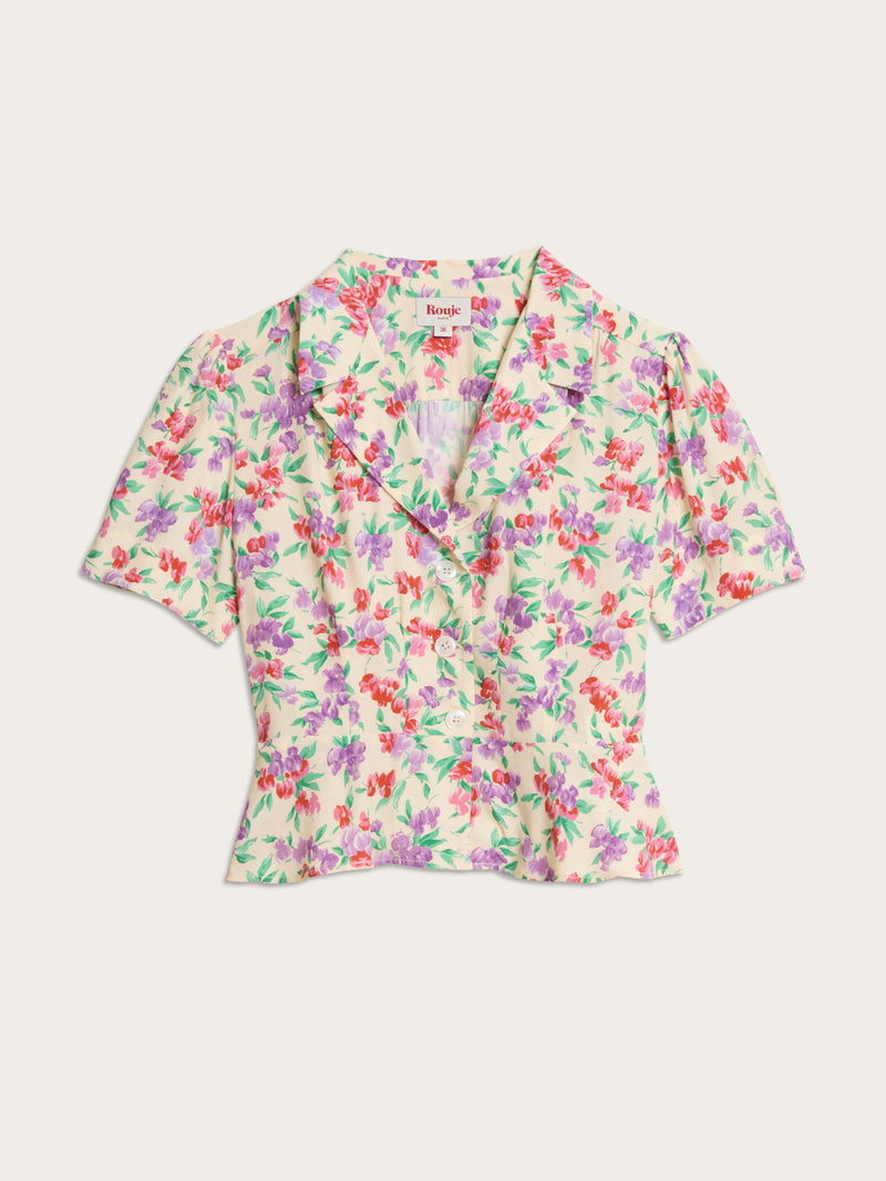 ANAS Glycine ecru floral print peplum shirt, flat packshot by Rouje
