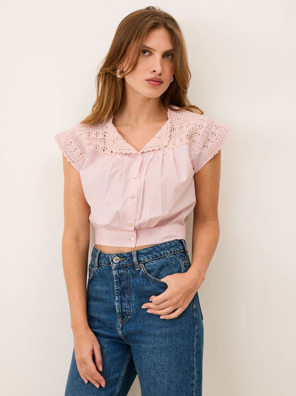 BETTY pink embroidered eyelet short-sleeve blouse, front view by Rouje