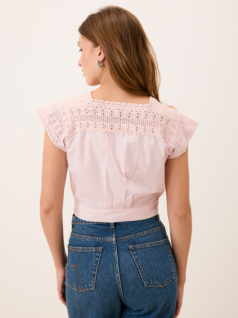 BETTY pink embroidered eyelet blouse worn on a model by Rouje