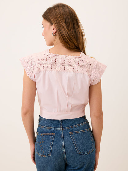 BETTY pink embroidered eyelet blouse worn on a model by Rouje