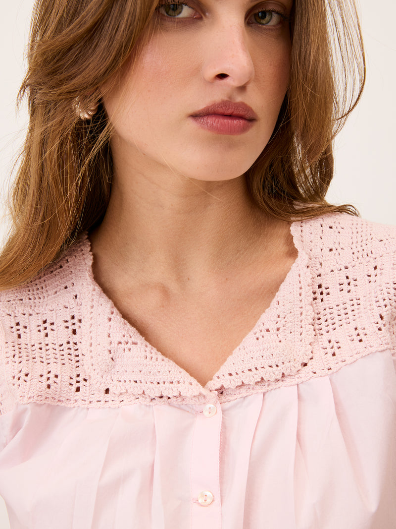 BETTY pink embroidered blouse, back view by Rouje