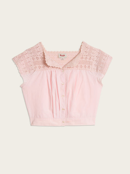 BETTY pink embroidered eyelet short-sleeve blouse, flat packshot by Rouje