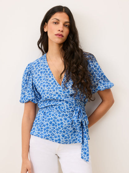 LOUISA blue floral print wrap blouse, front view by Rouje