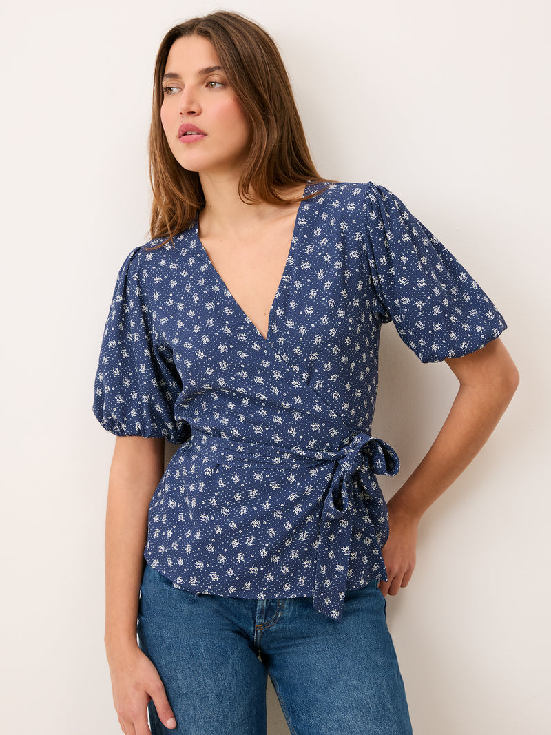 LOUISA Arlesienne denim print wrap blouse, front view by Rouje