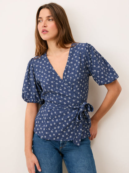 LOUISA Arlesienne denim print wrap blouse, front view by Rouje