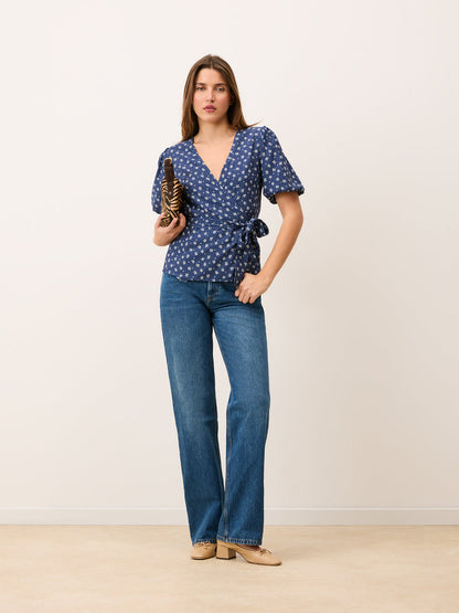 LOUISA denim print wrap blouse worn on a model by Rouje