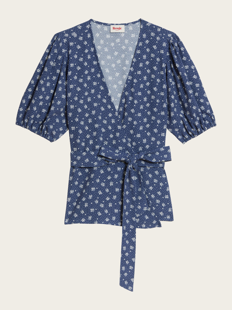 LOUISA Arlesienne denim print wrap blouse, flat packshot by Rouje