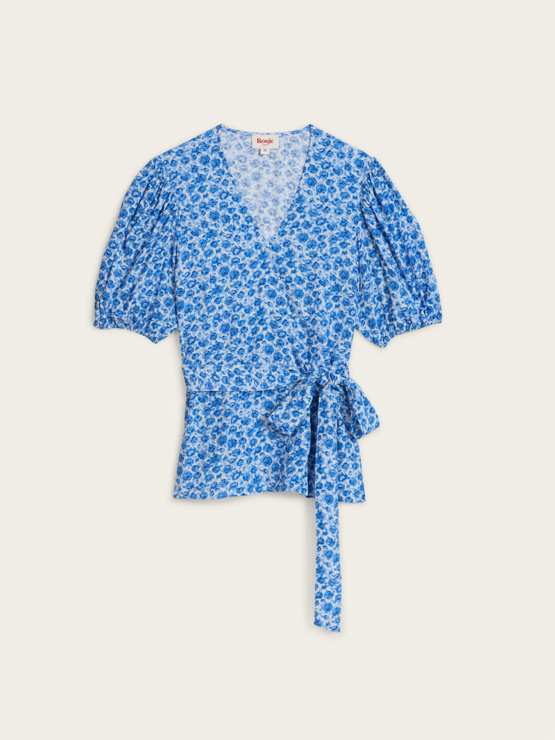 LOUISA blue floral wrap blouse, flat packshot by Rouje