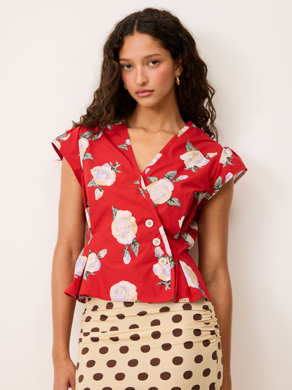 SOLEDAD Rose Drama red floral print cotton wrap shirt, front view by Rouje